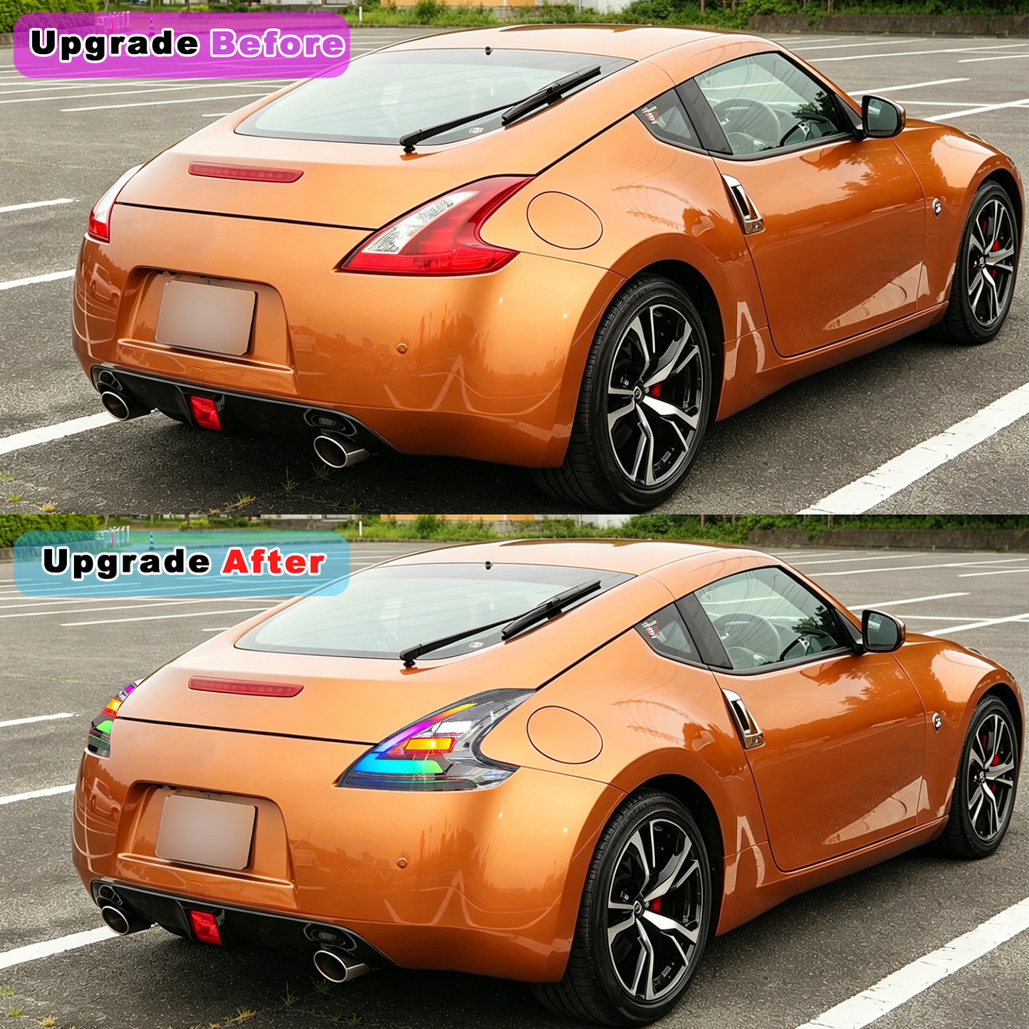 Nissan 370Z RGB LED taillights before and after rear view