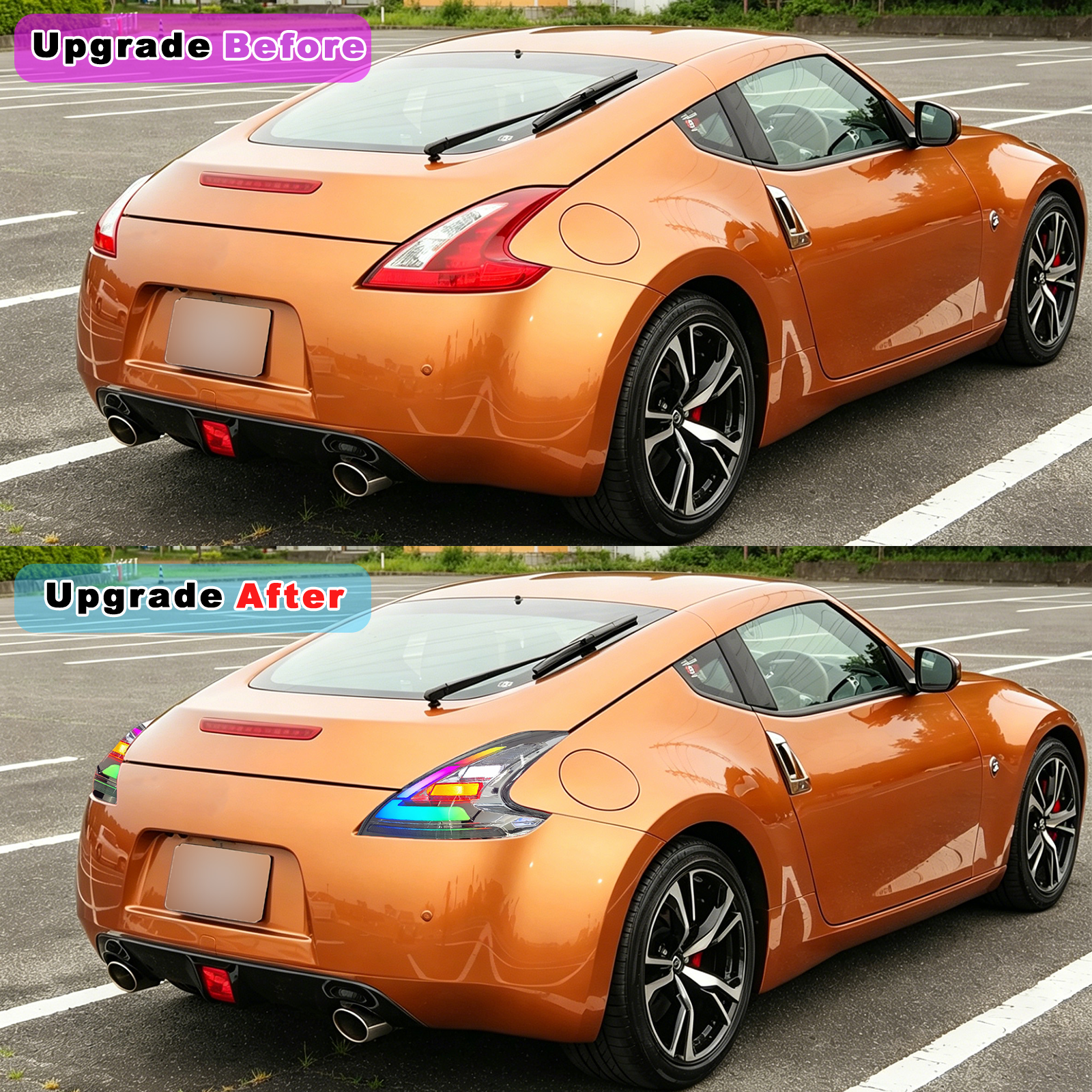 Nissan 370Z RGB LED taillights before and after rear view