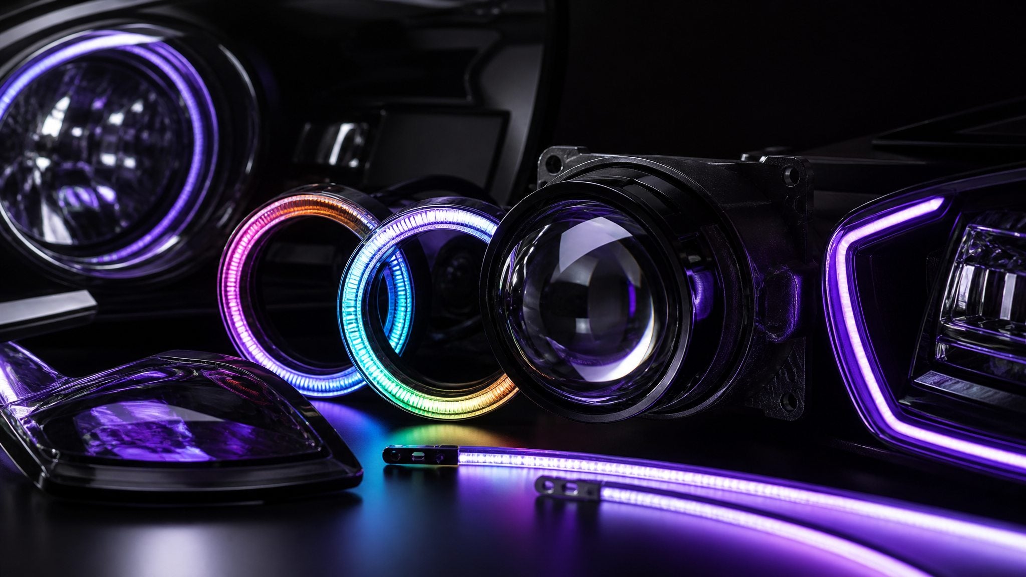 Custom automotive lighting details with RGB halos, projector lenses, and purple LED accents
